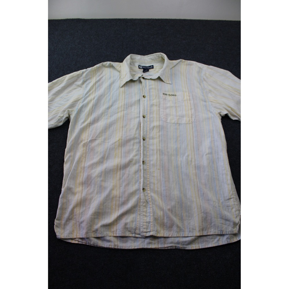 VTG Big Dogs Mens Large Short Sleeve Button Down Shirt Striped Pastel Cotton 206